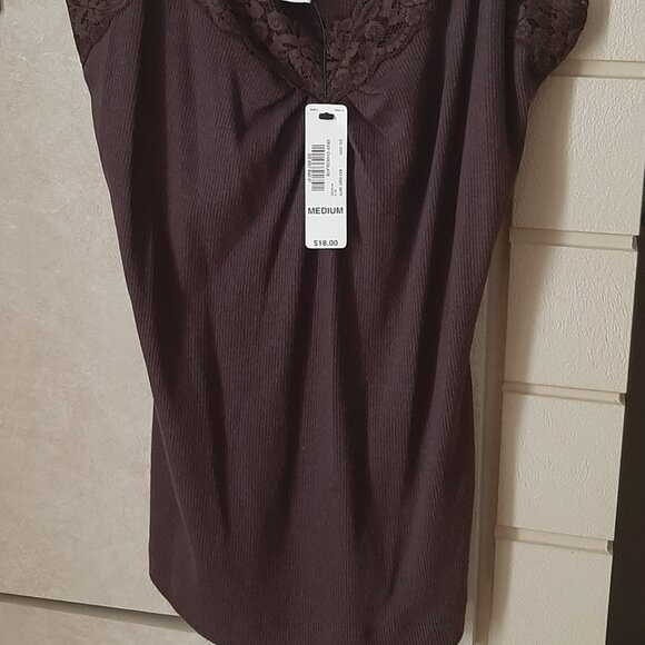 Worthington dk brown stretch camisole top, Sz L, Lace soft knit, cotton, spandex - Picture 6 of 6